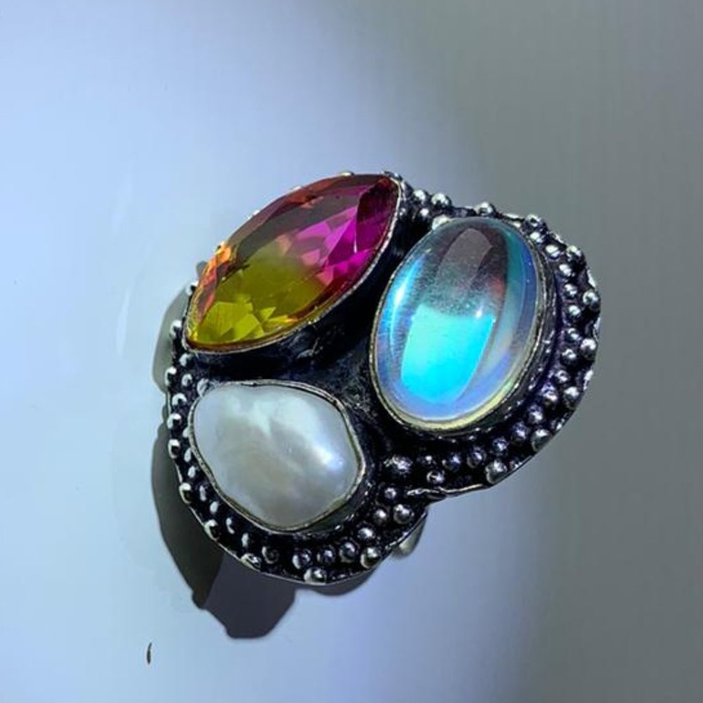 Rainbow Fire Topaz Pearl Ring